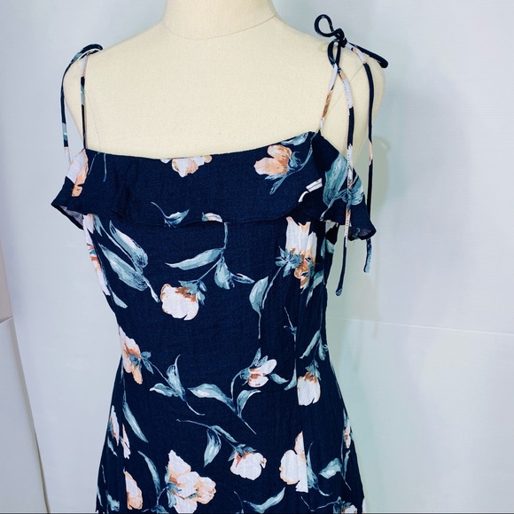 TOBY HEART GINGER Womens Size Large Navy LINEN Floral Tie Up Shoulders Dress NEW - Picture 5 of 16